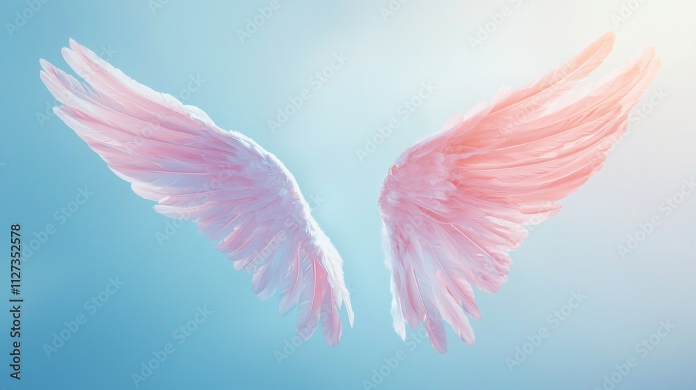 Obraz premium Large, delicate pink angel wings spread against a serene blue sky, creating a powerful image of freedom, spirituality, and hope, inspiring awe and wonder