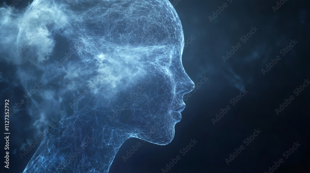 Blue lines radiate from a human face, enveloped in smoke, representing artificial intelligence and neural networks Blue lines radiate from a human face, enveloped in smoke, representing artificial intelligence and neural networks