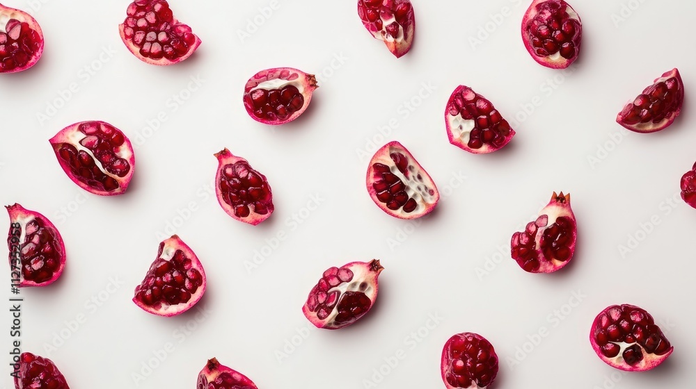 Pomegranate fruit halves displayed artistically on a clean white background for vibrant food photography and design purposes
