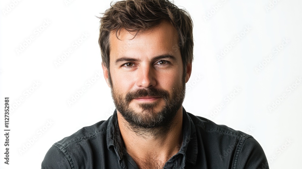 Handsome bearded man in casual attire posing confidently against a clean white background in a professional portrait photograph