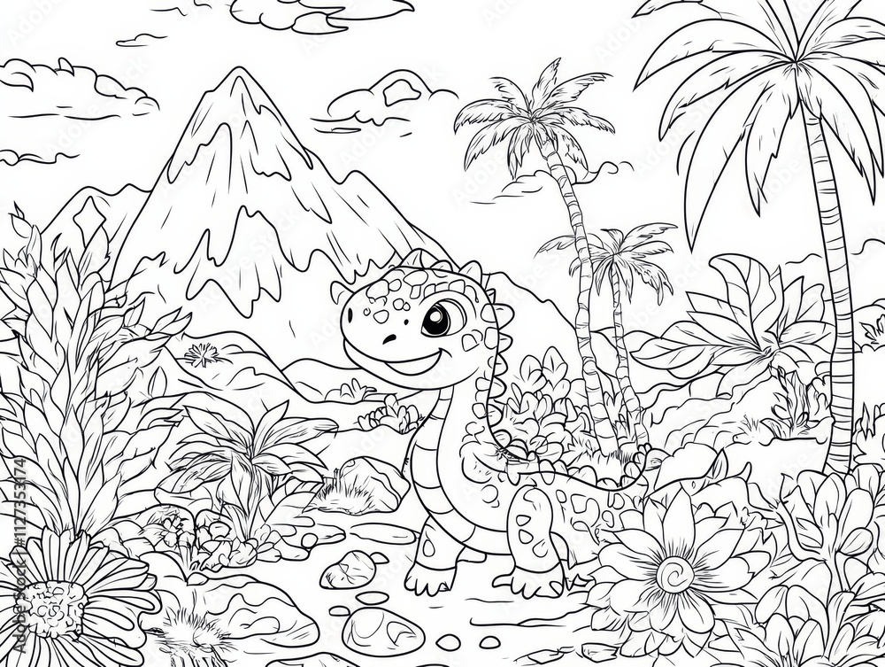 Fototapeta premium Friendly Dino in Tropical Paradise: A whimsical illustration of a cheerful dinosaur enjoying the beauty of a tropical paradise. The scene features lush greenery, vibrant flowers, a majestic mountain.