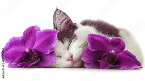 Sleeping cat with purple orchids on white background creating a serene and tranquil setting ideal for floral and pet-themed projects. photo