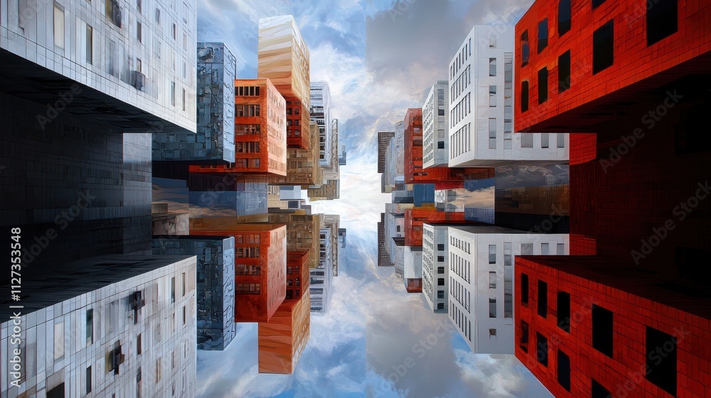A cityscape with a reflection of the buildings in the water A cityscape with a reflection of the buildings in the water