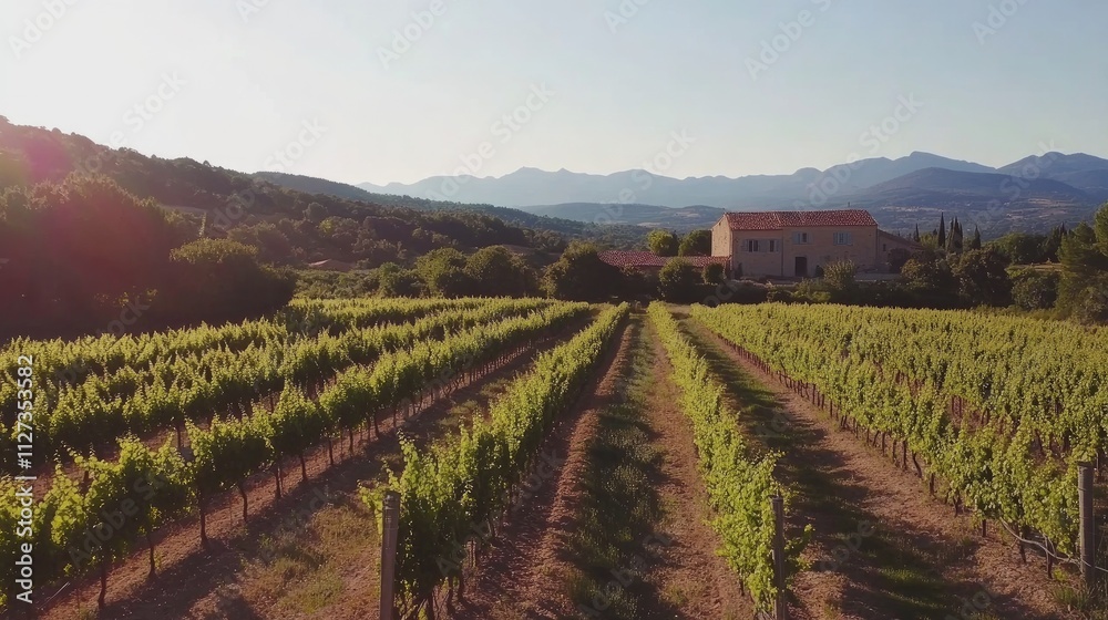 Vibrant organic grape vineyard landscape in France with mountains in the background and sunlight illuminating the lush green rows of vines