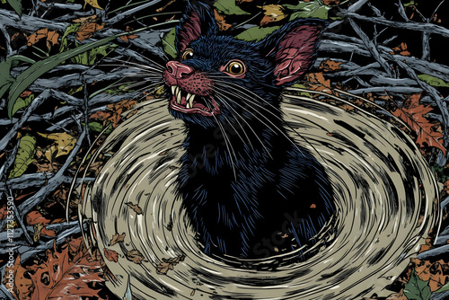 A Tasmanian devil emerges from a swirling vortex in autumn leaves. photo