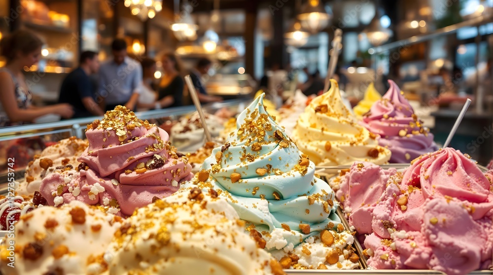 Fototapeta premium Gourmet Ice Cream Selection in a Display Case, Featuring a Variety of Unique Flavors and Toppings