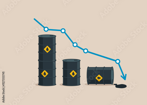 Oil price falls down. Low demand. Sale of petroleum products and fuels. Global trading oil. Modern flat vector illustration.