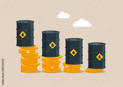 Oil barrels on stacks of coins. Decrease of price of crude oil. Modern flat vector illustration.