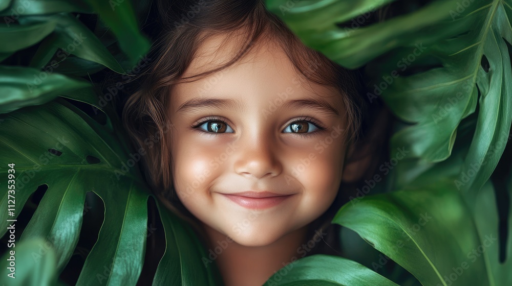 Happy little girl smiling among tropical leaves with perfect skin and dark hair promoting natural cosmetics and skin care beauty concepts Happy little girl smiling among tropical leaves with perfect skin and dark hair promoting natural cosmetics and skin care beauty concepts