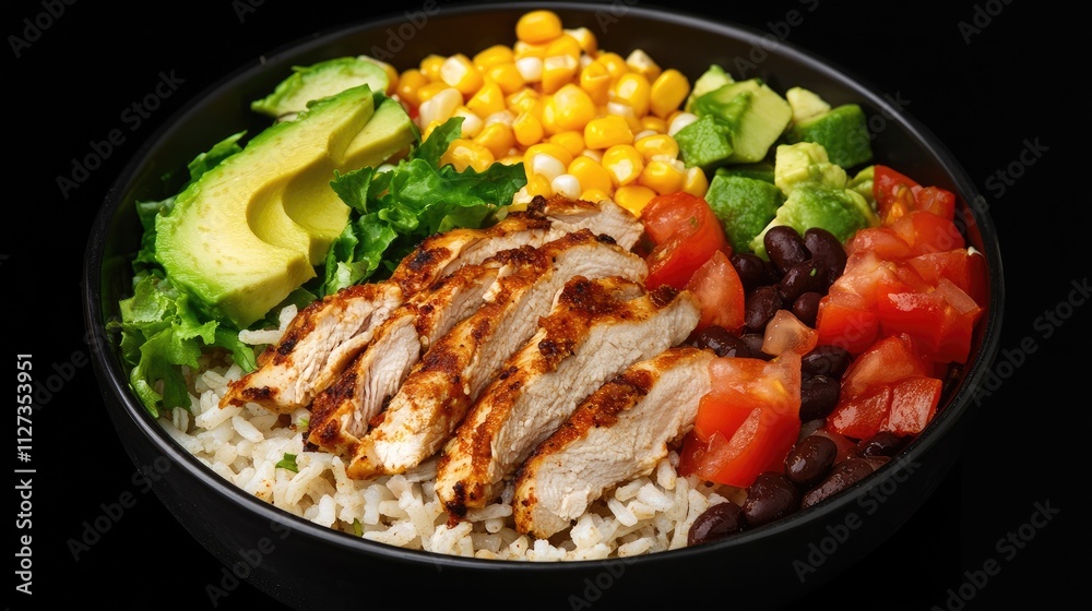 Mexican chicken burrito bowl featuring rice, black beans, fresh tomatoes, avocado, corn, and crisp lettuce in a black bowl Mexican chicken burrito bowl featuring rice, black beans, fresh tomatoes, avocado, corn, and crisp lettuce in a black bowl