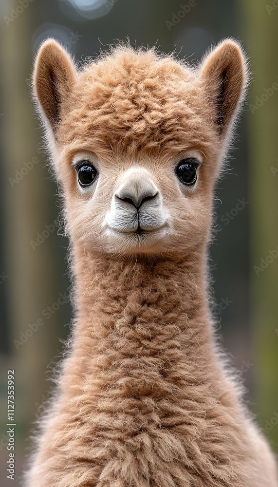 Fototapeta premium Adorable fluffy light brown baby alpaca close-up portrait.