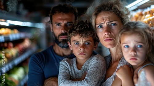 A tense family stands close together in a grocery store, displaying worried expressions that capture the stress and concern of contemporary family life in a public space.