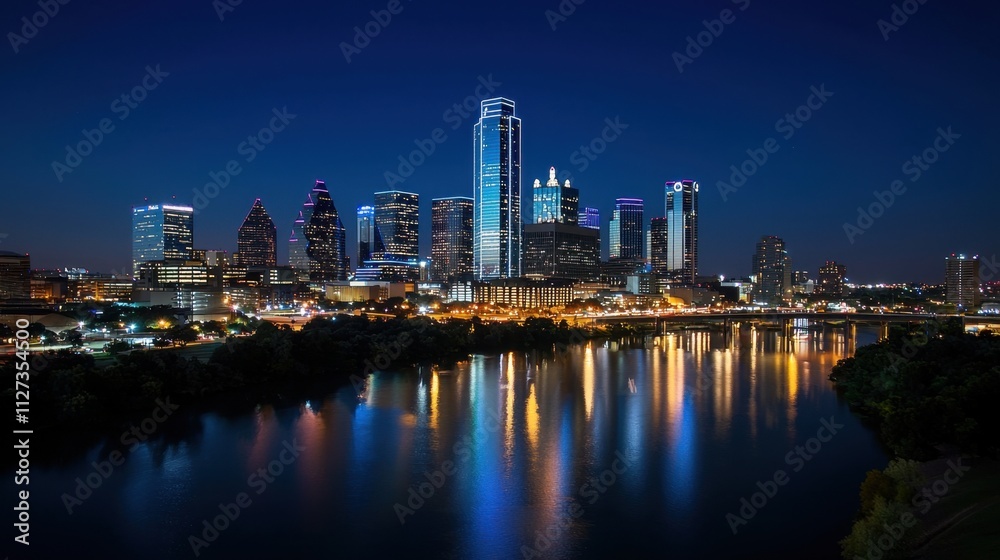 A city skyline is lit up at night, with the lights reflecting on the water A city skyline is lit up at night, with the lights reflecting on the water