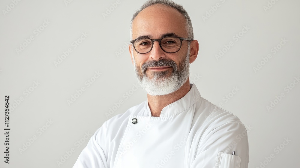 Mature male chef wearing glasses and a white uniform smiling confidently on a clean background representing culinary expertise and professionalism Mature male chef wearing glasses and a white uniform smiling confidently on a clean background representing culinary expertise and professionalism