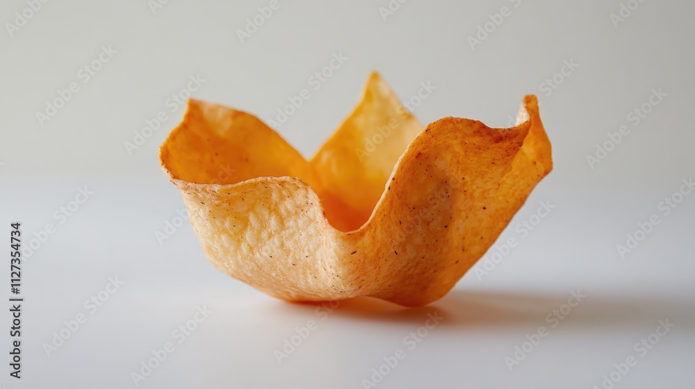 Single crispy tortilla chip shaped elegantly on a clean white background showcasing its texture and warmth for food photography or advertising. Single crispy tortilla chip shaped elegantly on a clean white background showcasing its texture and warmth for food photography or advertising.