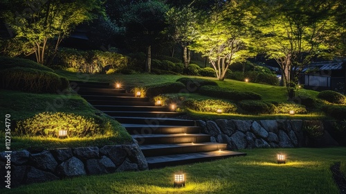Nighttime garden with modern LED landscape lighting illuminating tiered walls and greenery for enhancing outdoor decor and relaxation