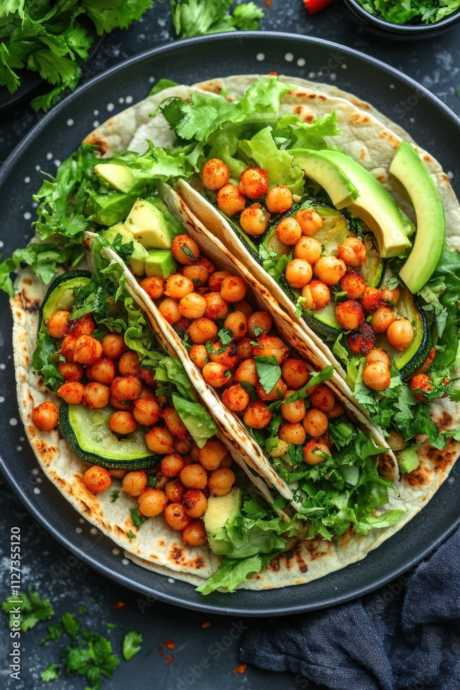A vibrant plate of chickpea tacos topped with fresh vegetables and herbs. A vibrant plate of chickpea tacos topped with fresh vegetables and herbs.