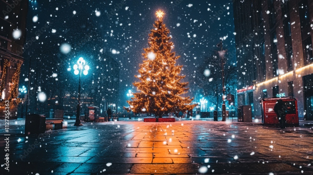 Glowing Christmas Tree in Snowy Night with Cityscape Background Glowing Christmas Tree in Snowy Night with Cityscape Background