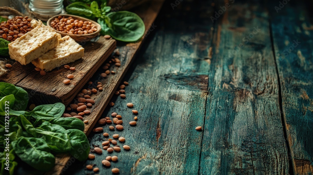 Nutritious plant based vegan food with tofu beans lentils nuts spinach and seeds on rustic wooden background with ample copy space Nutritious plant based vegan food with tofu beans lentils nuts spinach and seeds on rustic wooden background with ample copy space