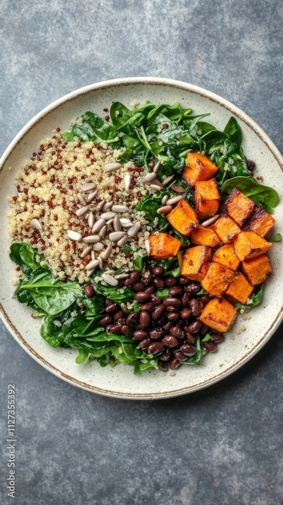 A nutritious salad featuring quinoa, spinach, black beans, sweet potatoes, and sunflower seeds. A nutritious salad featuring quinoa, spinach, black beans, sweet potatoes, and sunflower seeds.
