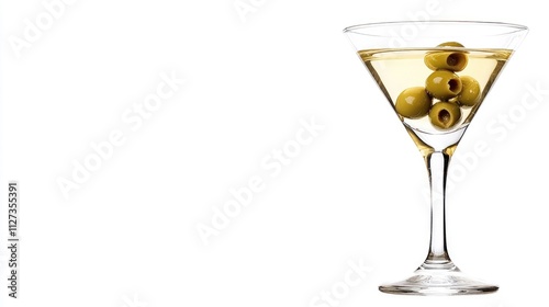 Dirty martini cocktail with olives served in a classic glass on white background with ample copy space for presentations or advertisements photo