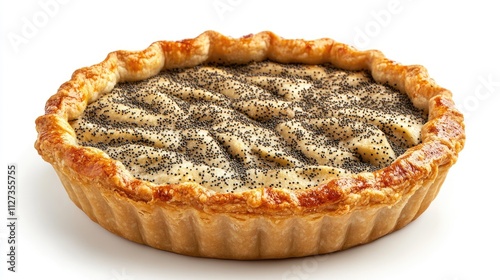 Delicious homemade pie topped with poppy seeds on a clean white background showcasing its golden crust and textured filling