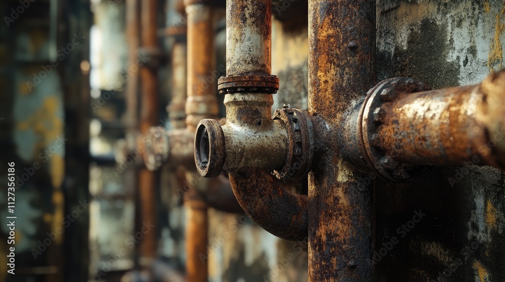 Rusty old industrial pipes showcasing age and decay illuminated by natural light in a textured environment Rusty old industrial pipes showcasing age and decay illuminated by natural light in a textured environment