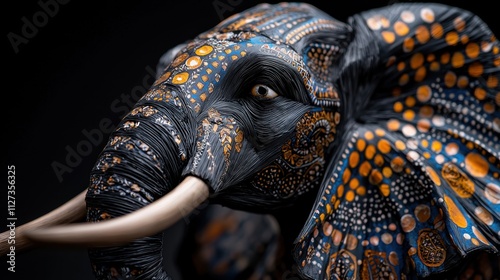 A painted elephant with a blue and orange face