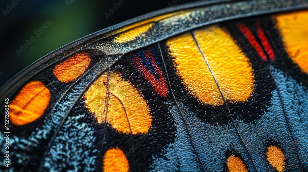 Close-up of a butterfly wing, showcasing vibrant colors and intricate patterns. Close-up of a butterfly wing, showcasing vibrant colors and intricate patterns.