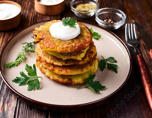 A stack of Ukrainian potato pancakes 'deruny' served with sour cream and herbs photo