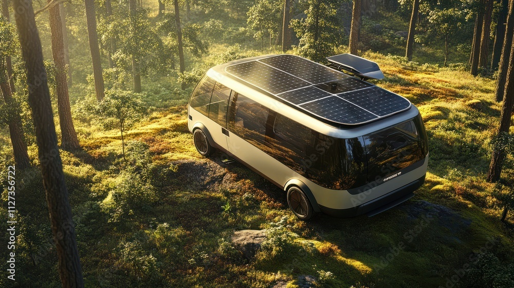 Lifestyle photo of a campervan with innovative rooftop solar panels providing off-grid energy, showing sustainable travel solutions, 4k resolution Lifestyle photo of a campervan with innovative rooftop solar panels providing off-grid energy, showing sustainable travel solutions, 4k resolution