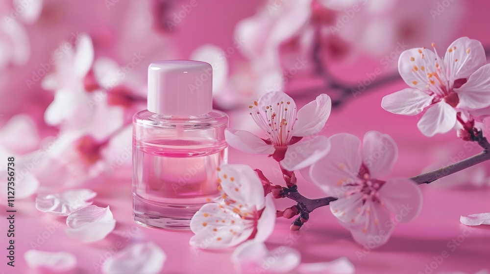 Perfume bottle with cherry blossoms on pink background