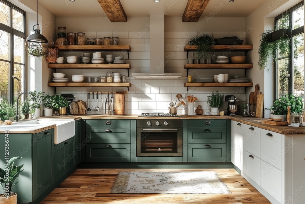 Fototapeta premium Sunlit farmhouse kitchen with green cabinets, wood shelves, and a farmhouse sink.