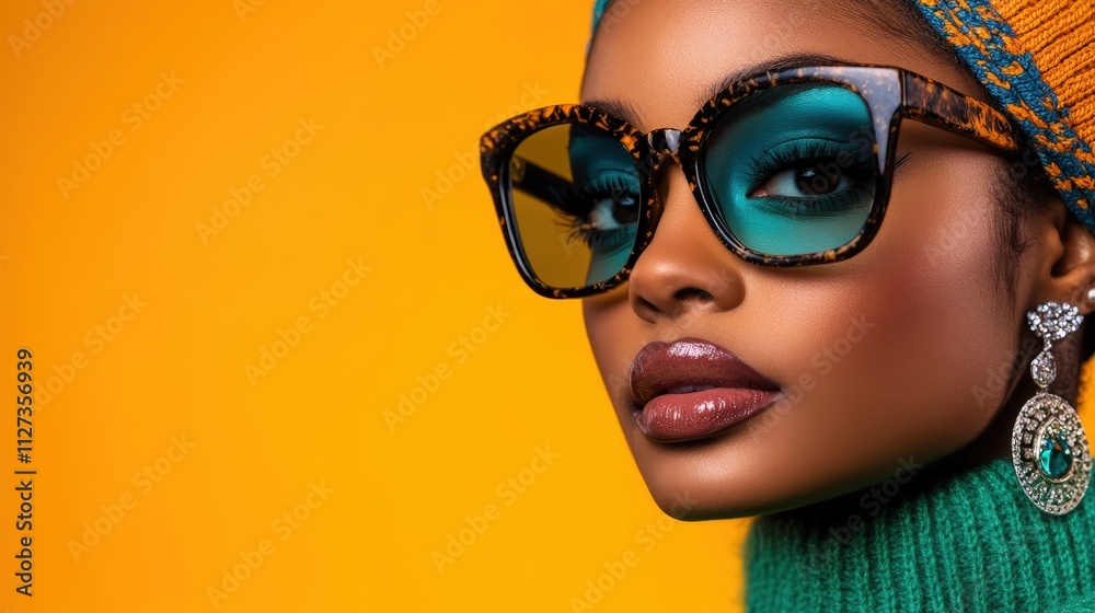 A striking woman with oversized glasses and elegant accessories radiates confidence and style against a vibrant backdrop, capturing the essence of modern sophistication and glamour. A striking woman with oversized glasses and elegant accessories radiates confidence and style against a vibrant backdrop, capturing the essence of modern sophistication and glamour.