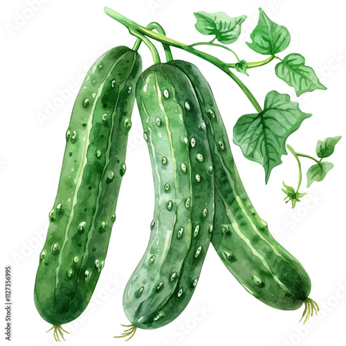 A watercolor of a cucumber vine, isolated on a white background. Cucumber vine vector.