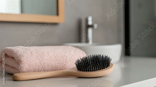 Hairbrush and towel on a bathroom counter in a modern setting
