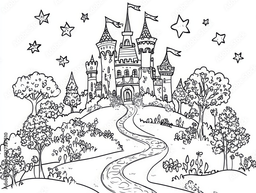 Naklejka premium Enchanted Castle Coloring Page: A majestic castle with towering spires, surrounded by lush trees and a winding path leading to its gates. The night sky is adorned with twinkling stars.