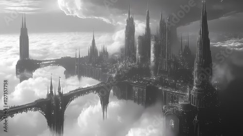 A fantasy kingdom floating on clouds, with towering spires and glowing bridges. Etherea. Illustration photo