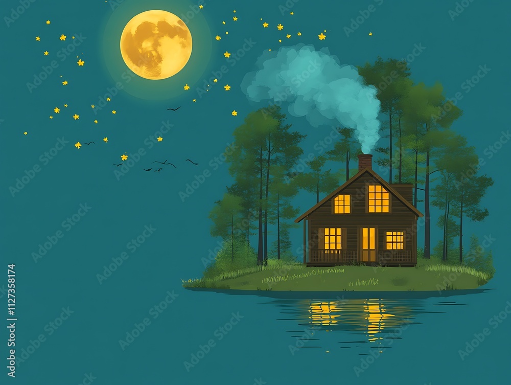 Lakeside Cabin Under a Full Moon and Starry Sky Lakeside Cabin Under a Full Moon and Starry Sky