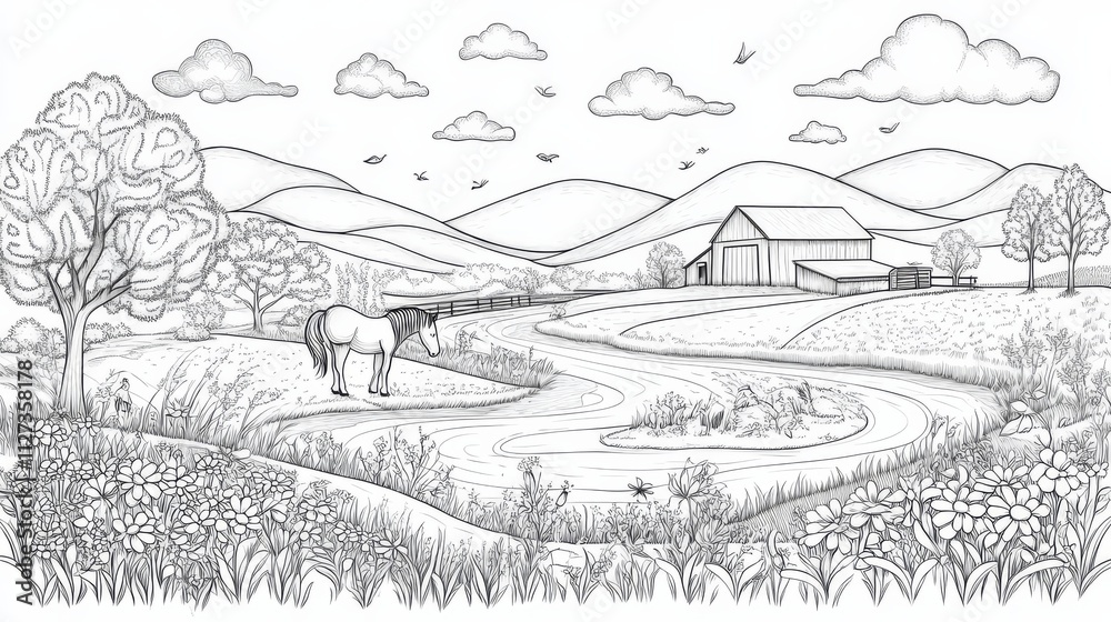 custom made wallpaper toronto digitalHorse Grazing in a Serene Countryside: A peaceful countryside scene unfolds with a horse grazing in a lush meadow, a winding path leading to a rustic barn, and hills rolling in the distance.