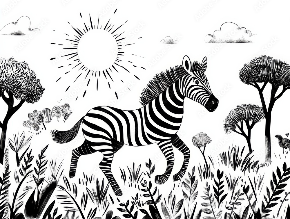 Obraz premium Striped Safari: A whimsical black and white illustration of a zebra galloping across the African savanna, surrounded by stylized trees and vegetation. A sun shines brightly above. 
