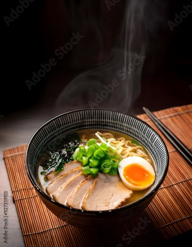 A steaming bowl of ramen with rich tonkotsu broth, tender pork slices, boiled egg, nori, and fresh green onions, served in a traditional bowl