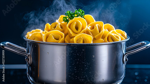 Steaming pasta in a stainless steel pot garnished with parsley, showcasing delicious textures and vibrant colors. photo