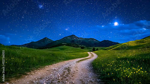 A serene night landscape featuring a winding dirt road, lush green fields, and majestic mountains under a starry sky. photo