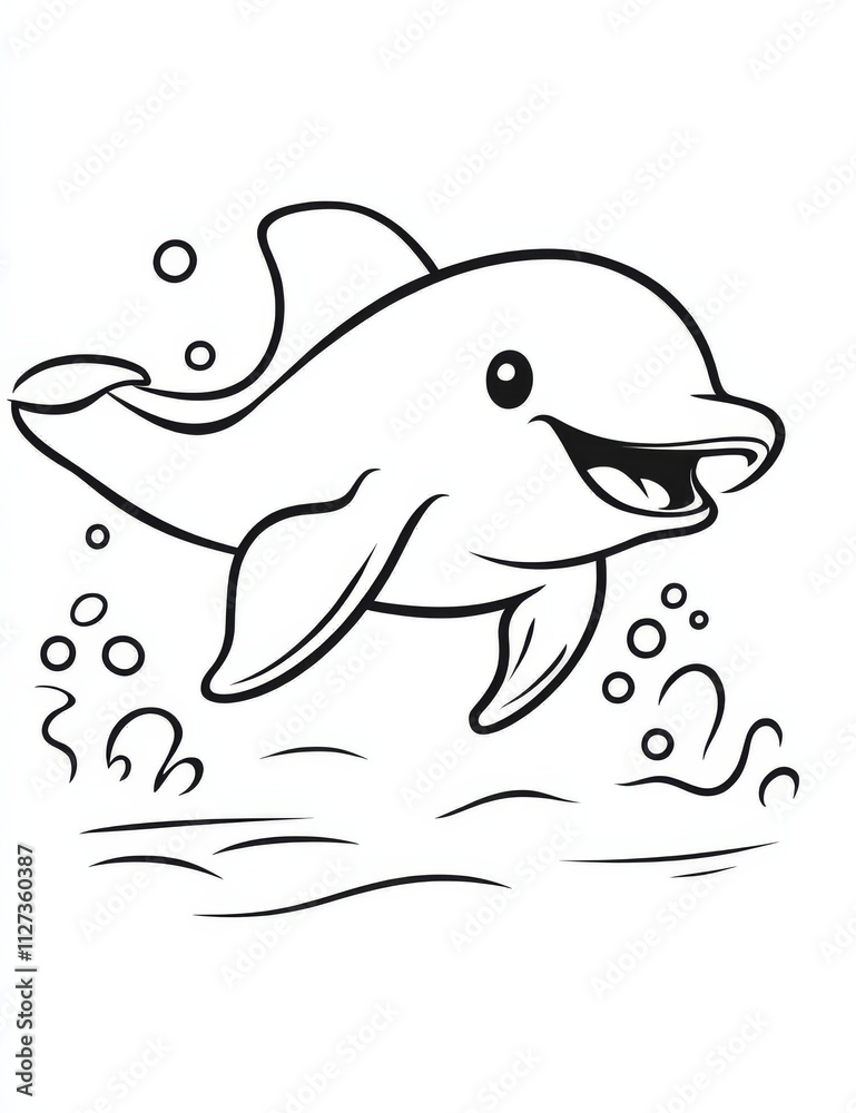 Playful Dolphin Coloring Page: A charming cartoon dolphin leaps through the water, creating a splash of bubbles for a delightful coloring page. Playful Dolphin Coloring Page: A charming cartoon dolphin leaps through the water, creating a splash of bubbles for a delightful coloring page.