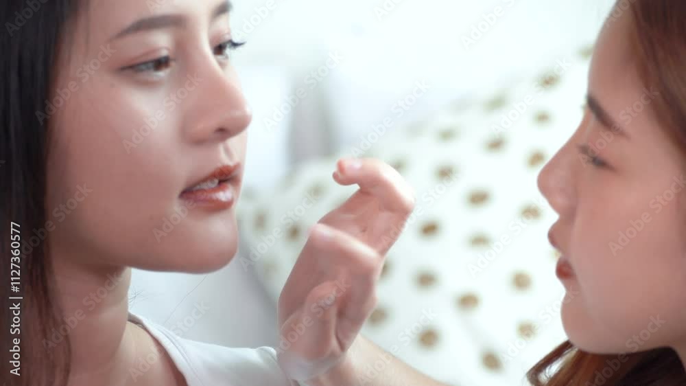 Two beauty women vlogger or blogger present make up brush and cosmetics broadcast live video to social media. Two beauty women vlogger or blogger present make up brush and cosmetics broadcast live video to social media.
