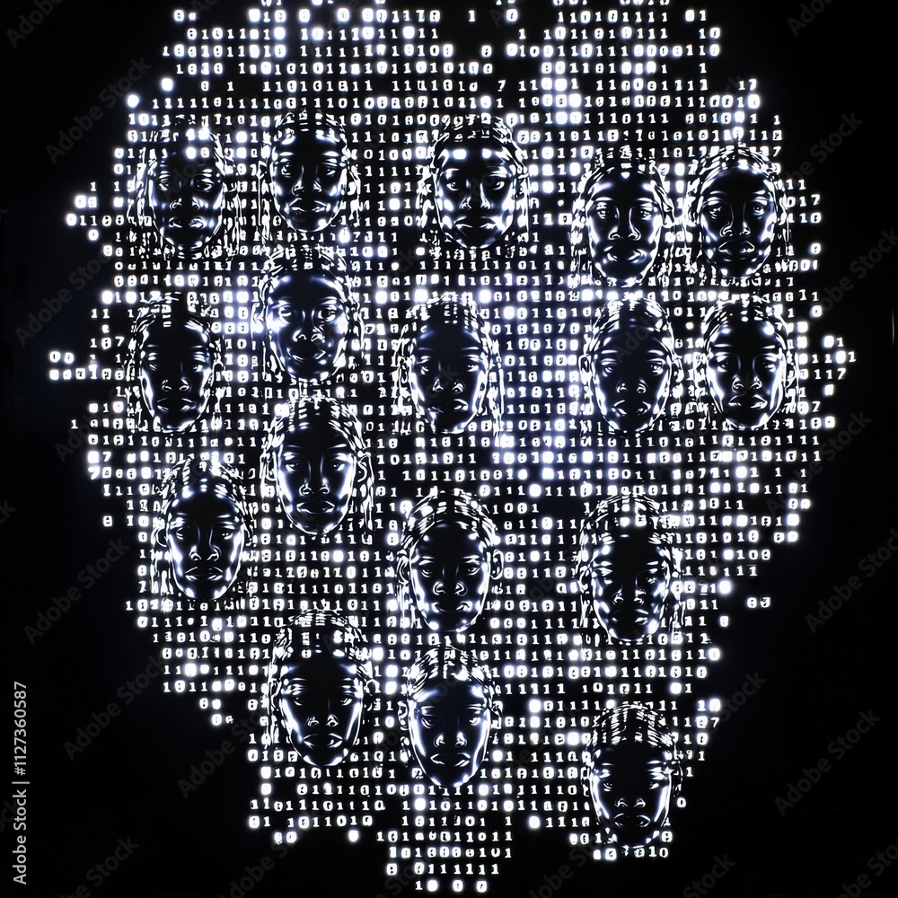 Artistic representation of digital faces within binary code, symbolizing technology's impact. Artistic representation of digital faces within binary code, symbolizing technology's impact.