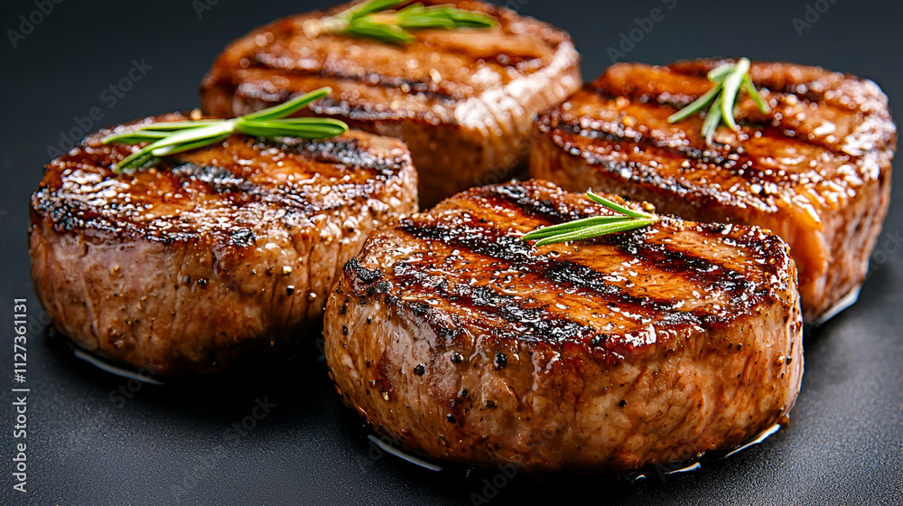 Grilled steaks with perfect sear marks, garnished with fresh herbs, set against a dark background for a mouthwatering presentation. Grilled steaks with perfect sear marks, garnished with fresh herbs, set against a dark background for a mouthwatering presentation.