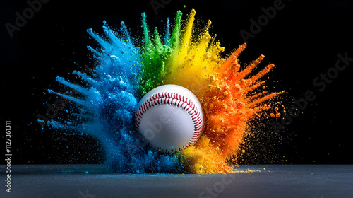 A baseball bursts through colorful powder, creating an explosion of vibrant blue, orange, and yellow hues against a dark background.