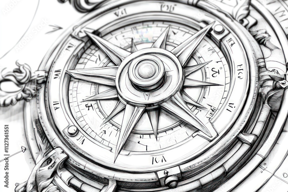 Obraz premium Intricate compass rose, detailed pencil sketch.